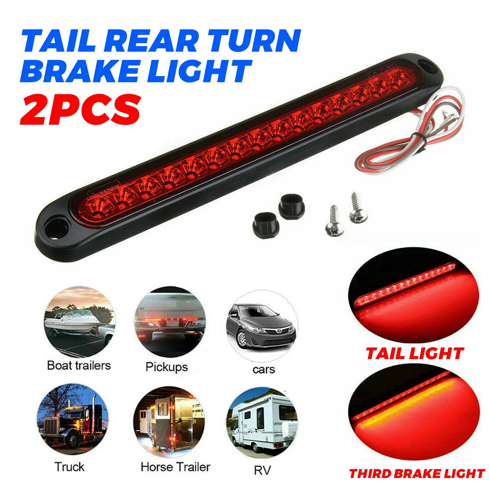 

2X 10" 15 LED Red Trailer Truck Stop Tail Rear Turn Brake Light Bar Reverse Lamp Car Warning Lights