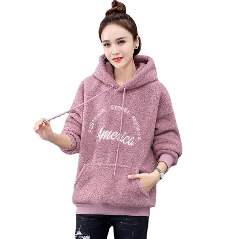 

2022 Women's New Fashion Plush Thickened Imitation Lamb Wool Sweater Female Spring Autumn Fashion Loose Hooded Warm Coat Hoodies
