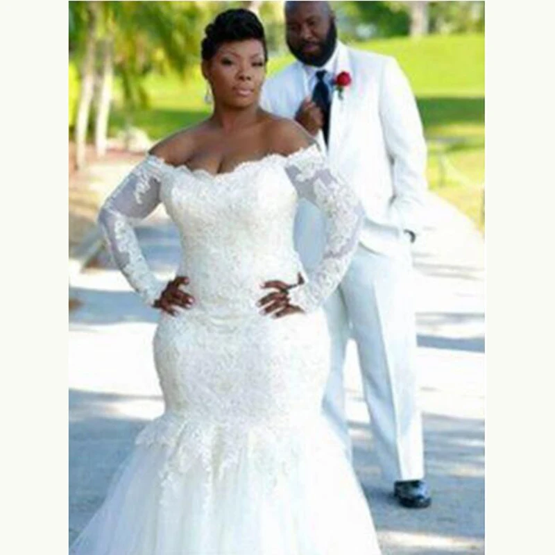 

Classic South African Mermaid Lace Bridal Wedding Dresses Off Shoulder Long Sleeve Plus Size Wedding Gowns for Bride Backless