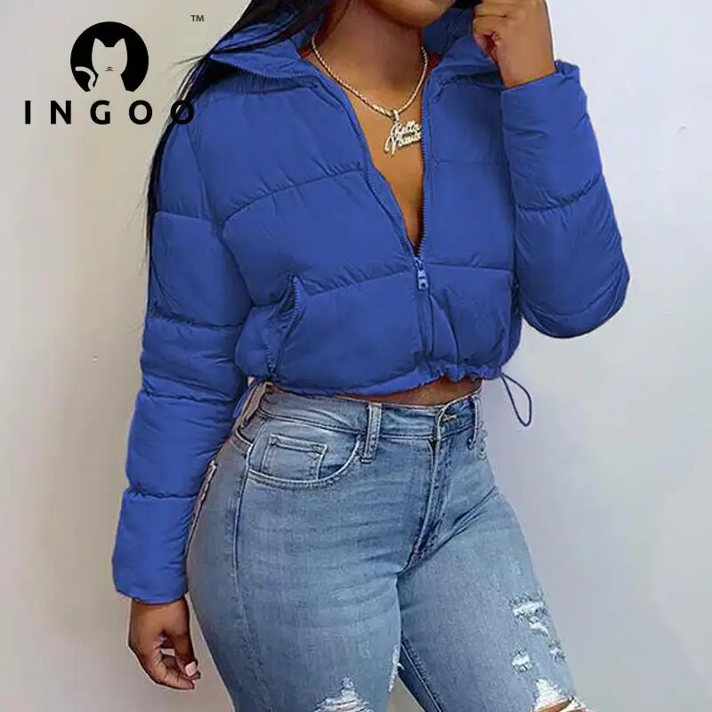 INGOO Winter Parkas Coat Women 2021 Fashion Warm Bubble Short Puffer Coat Casual Zipper Up Jacket Solid Cropped Tops Outerwear