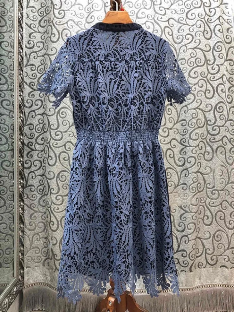 

High Quality Denim Dress 2020 Summer Casual Women Hollow Out Lace Embroidery Patchwork Short Sleeve Dark Blue Jeans Dress Ladies
