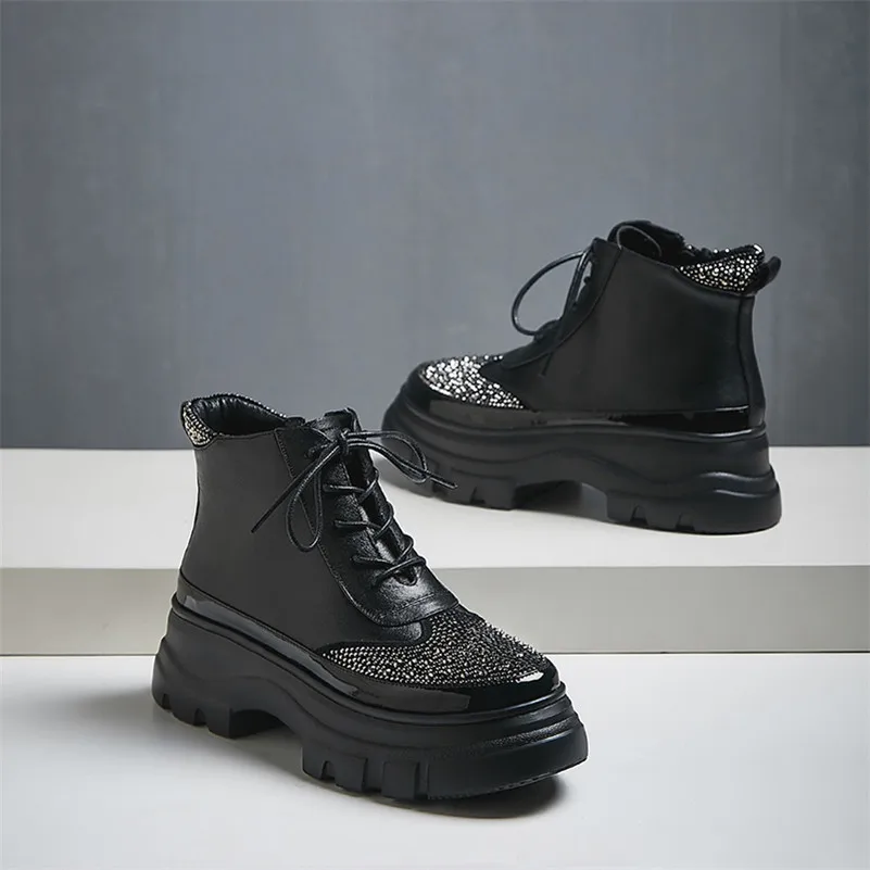 FEDONAS Winter Basic Women Ankle Boots Rhinestone Casual Platform Shoes Woman Genuine Leather High Heeled Party Short Boots