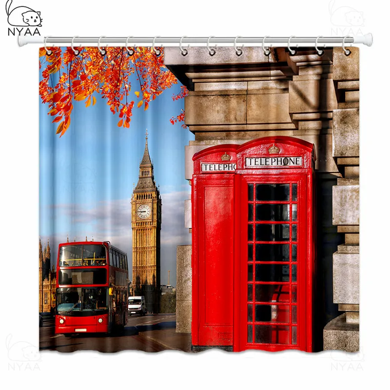 

Creative London Big Ben Shower Curtain Polyester Waterproof Red Telephone Booth Retro Bathroom Curtains Fabric For Bathtub Art