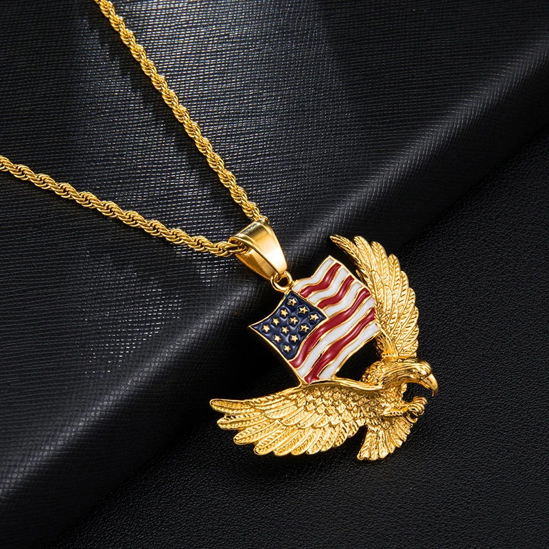 Iced Out Bling Американский Флаг Орел проложили Rhinestoned Нержавеющая сталь ожерелье и подвески для мужчин хип хоп ювелирные изделия