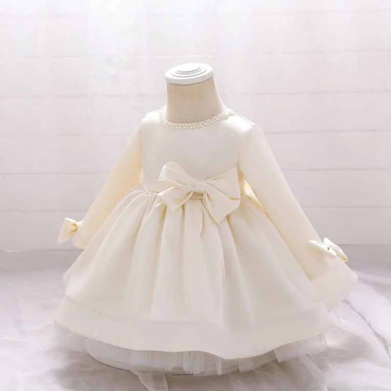 

2021 Sweet Baby Girl Clothes Kids Birthday Dress Toddler Girl Clothes Beaded Pink Dress Bow Long Sleeve Dress For Spring Fall