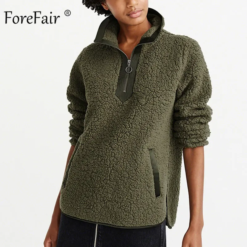 Forefair Zip Casual Turtleneck Fleece Sweatshirt Women Autumn 2019 Turn Down Neck Pullovers Female Slim Faux Fur Warm | Женская одежда