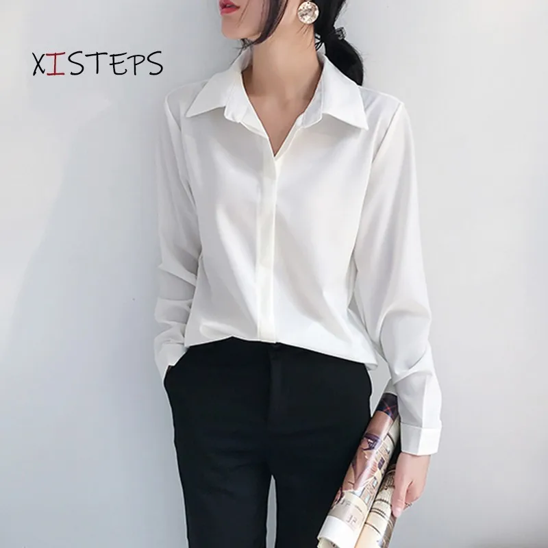 Woman's Elegant OL Style Chiffon Blouses Blue White Female Long Sleeve Turn-down Collar Satin Shirts Office Lady Tops 2021 New