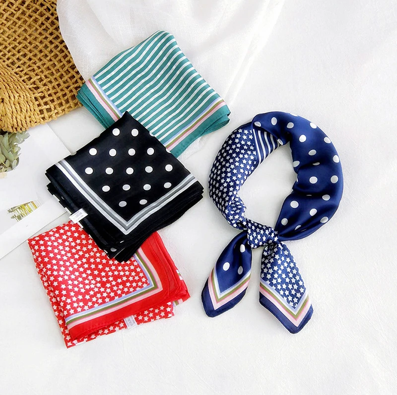 New Summer Neck Scarf Square Small Silk Satin Hair Scarfs Dot Print Shawls Wraps Skinny Scarves Handkerchief rings | Аксессуары для