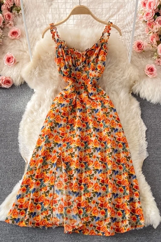 

Summer temperament goddess V-neck waist slim Floral Chiffon dress elegant large swing split dress