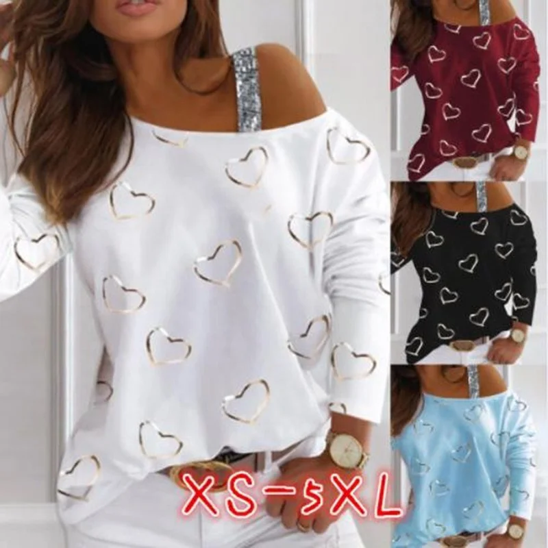 

Plus Size Women Autumn Print T-shirt Sexy off shoulders o-neck Long-Sleeved Tshirt Fashion Lady Street Casual White Tops