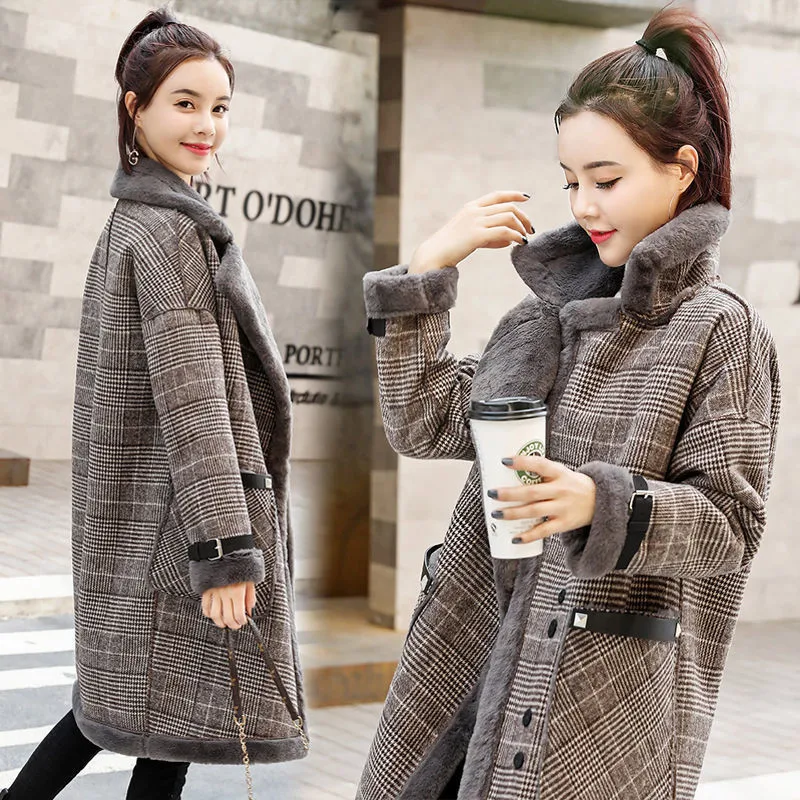 

Plaid Wool Coat Autumn Winter New Women's New Mid-length Faux Lambswool Overcoat Thick Warm Female Woolen Coat Fur Jacket H192