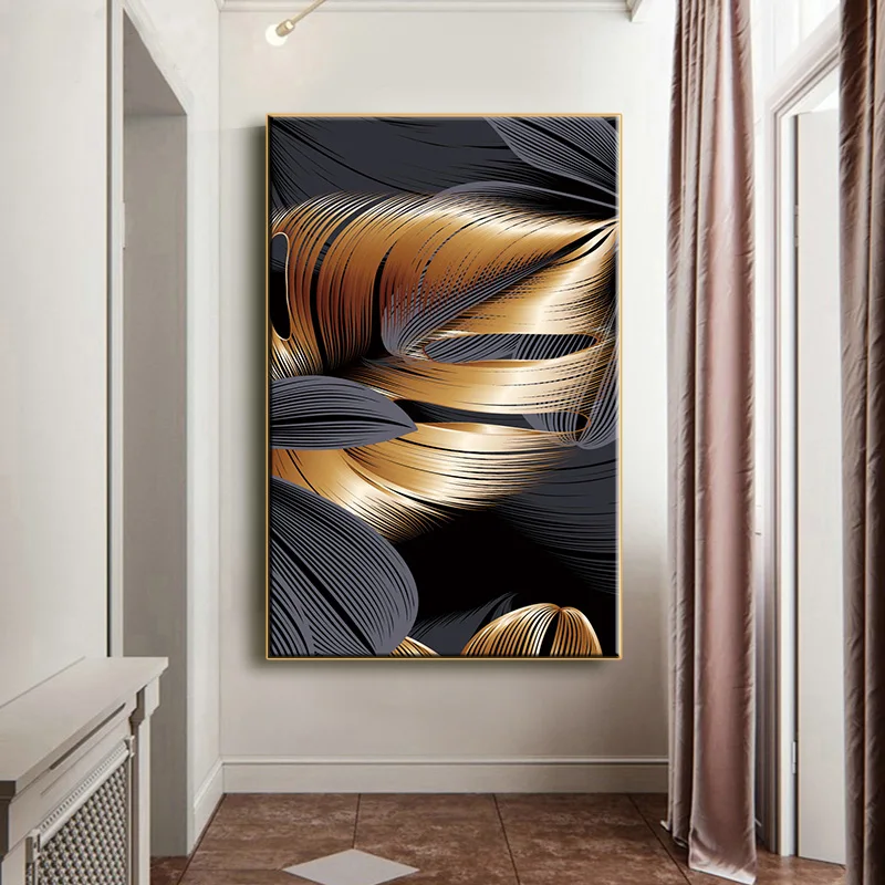 

Gold and black flower leaves HD printable painting on canvas modern plant wall art prints for Nordic home decoration pictures