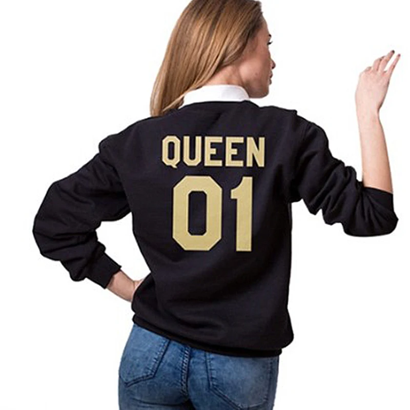 A 1 Pcs New Casual Hot Selling Popular Style Couple Golden English Letter King Queen Couple Sweatshirts Top For Lovers Polyester - Цвет: A