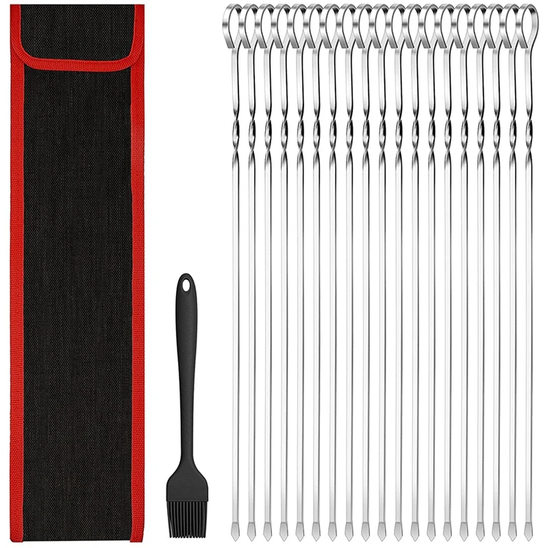 

BBQ Skewers, 22Pcs Stainless Steel Kebab Skewer With Silicone Brush And Storage Bag, 40 Cm/15 Inch Long Metal Skewers