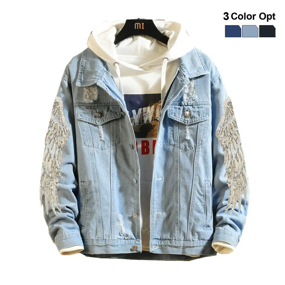 

Men Boy Jean Denim Jacket Outerwear Coat Ripped Bomber Biker Long Pants Trousers Set Blue Black Autumn Spring Wear