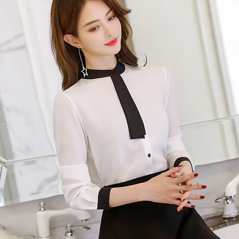 Leisure Work Shirts Spring Autumn Women Blouse Long Sleeve Patchwork Tie Neck Slim Chiffon Blouses Office Ladies Tops