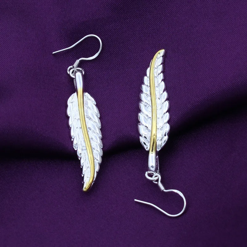 

925 Sterling Silver Jewelry Color Separation Feather Pendant Earrings Woman's Classic Clothes With Gifts ES231