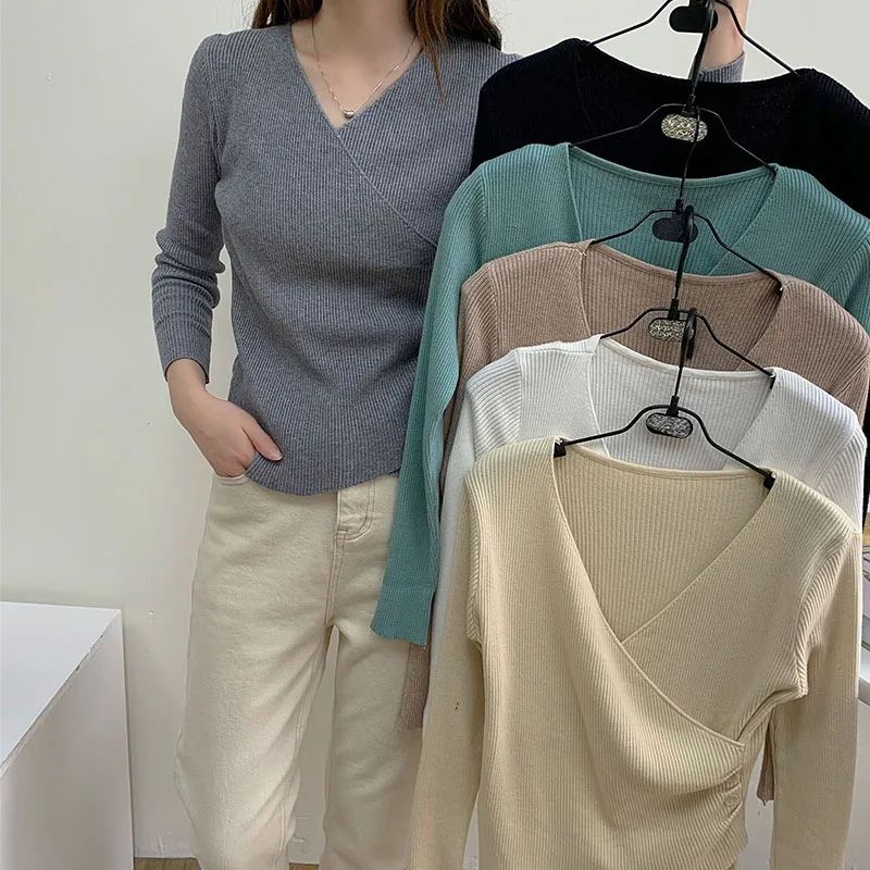 

Korean Fashion White Women's Sweater Pullovers Autumn Winter 2021 Chic V-Neck Slim Bottoming Short Knit Jumper Tops Khaki