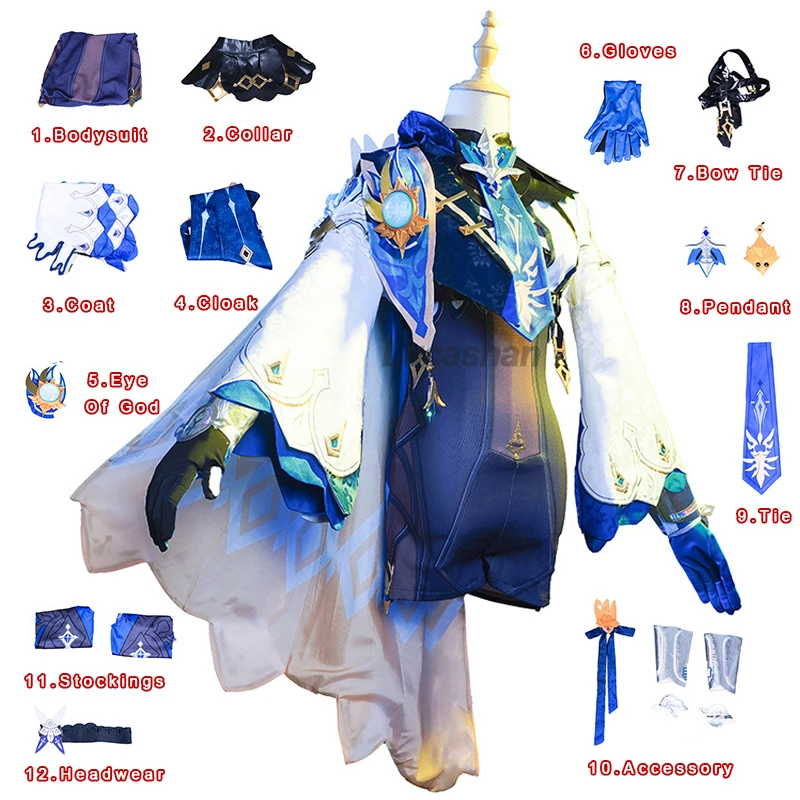

12pcs Set Genshin Impact Eula Cosplay Costume Wig Suit Halloween Carnival Women Jumpsuits Game Anime Clothes Accessory Full Sets