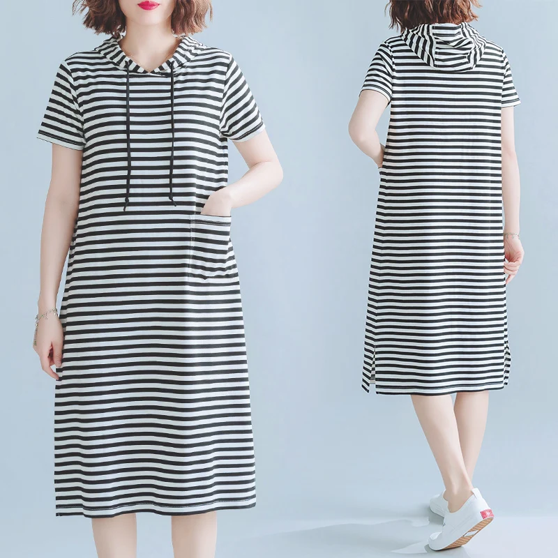 Женское Хлопковое платье в полоску с коротким рукавом и круглым вырезом | Женская