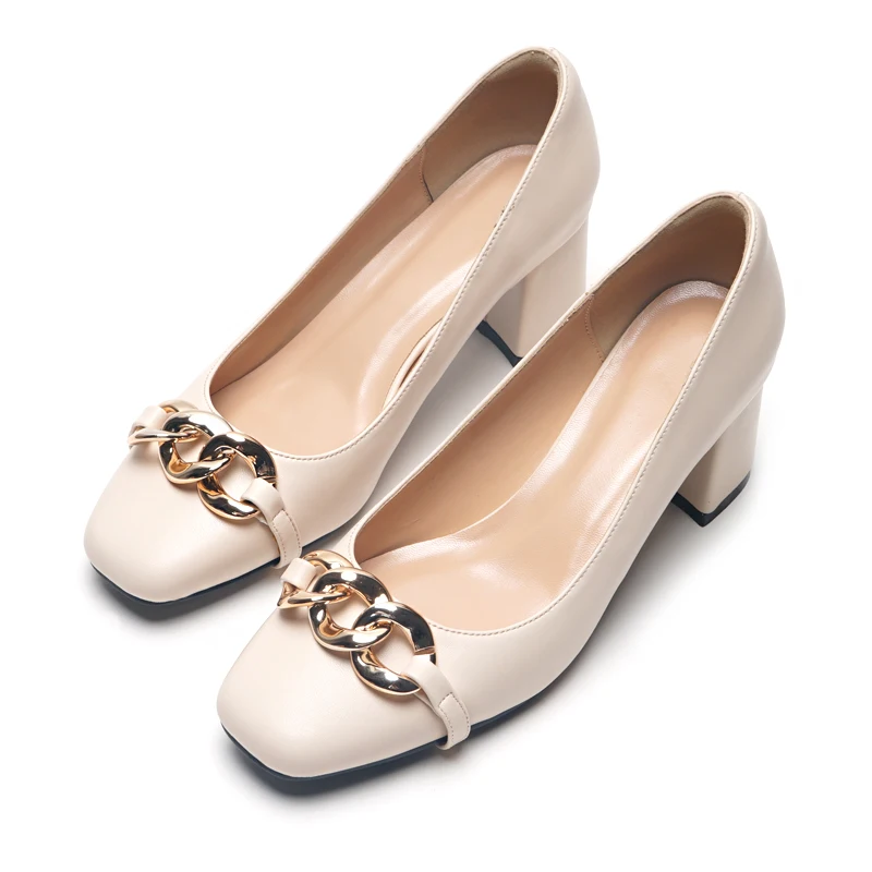 

Classic Bridal Wedding Shoes Woman Metal Square Head Decoration Pumps Chunky Shoes Ladies Size 33-42 Brown Apricot Beige
