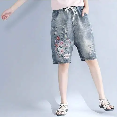 Винтажные пляжные летние джинсы с вышивкой женские Капри эластичным поясом и