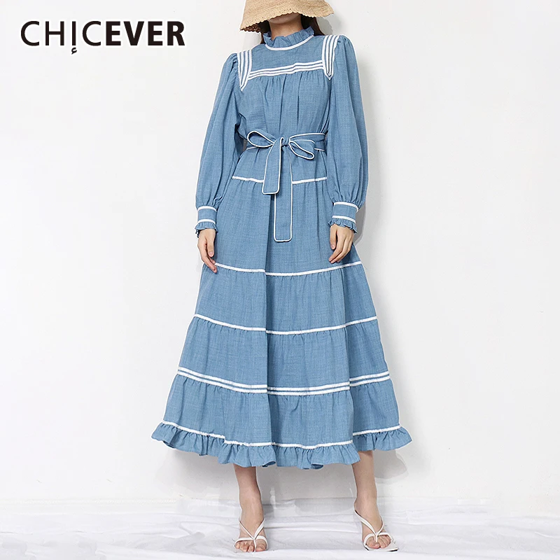 

Женское осеннее платье на шнуровке CHICEVER, разноцветное, с воротником-стойкой, рукавами-фонариками, с высокой талией и оборками, платье с отде...