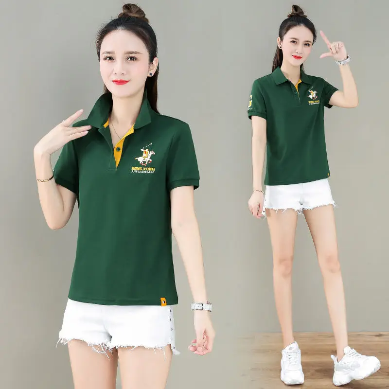 

Женская хлопковая модная повседневная рубашка-поло с коротким рукавом, футболка с лацканами, новинка 2021, летний свободный кроп-топ, Высокок...