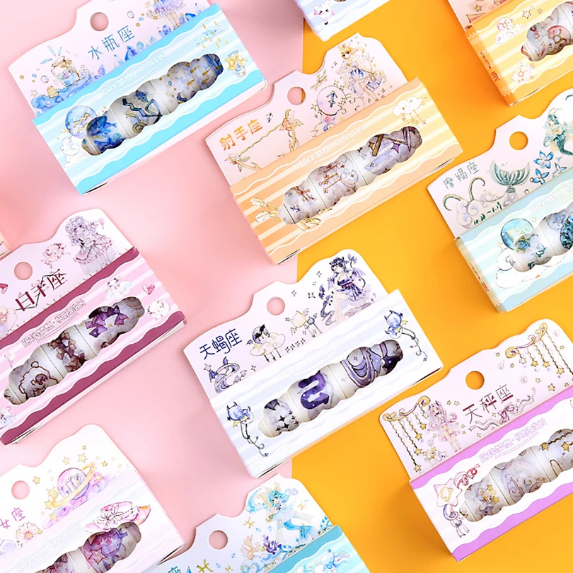 

Kawaii Washi Tape 5Pcs Washi Tape Set Decorative Ribbons Twelve Constellations Masking Tape Diary Stationery Adhesive Washitape