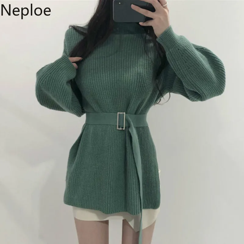Neploe, шикарный Ретро стиль, тонкая талия, на шнуровке, для женщин, Hiver, крест сбоку, дизайн, средней длины, свитер, пуловер, однотонный, водолазка, Джерси, 47502