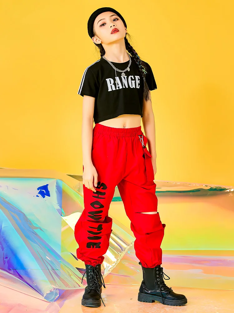 

Children's Jazz Dancing Costumes Hip Hop Fashion Black Tops Red Trousers Catwalk Fashion Girls Street Dance Suit Dance WD0068