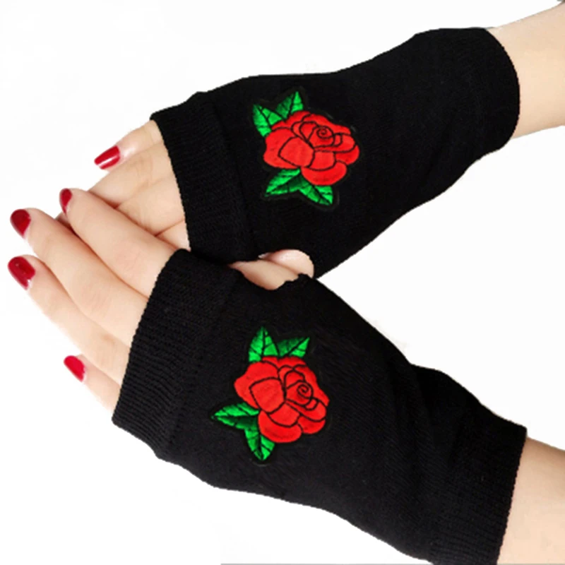 

Lovely Rose Printed Lady Rhinestone Fingerless Gloves Women Men Knitted Black Wool Half Finger Computer Mittens Warm Gloves