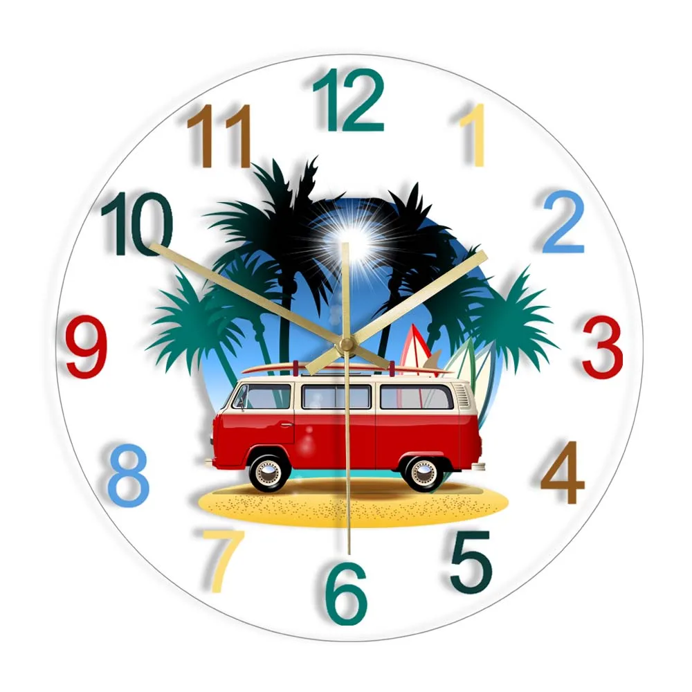 

Retro Camper Modern Design Wall Clock Camper Travel Home Décor Surfboard Classic Car Printed Silent Clock RV Transportation Art