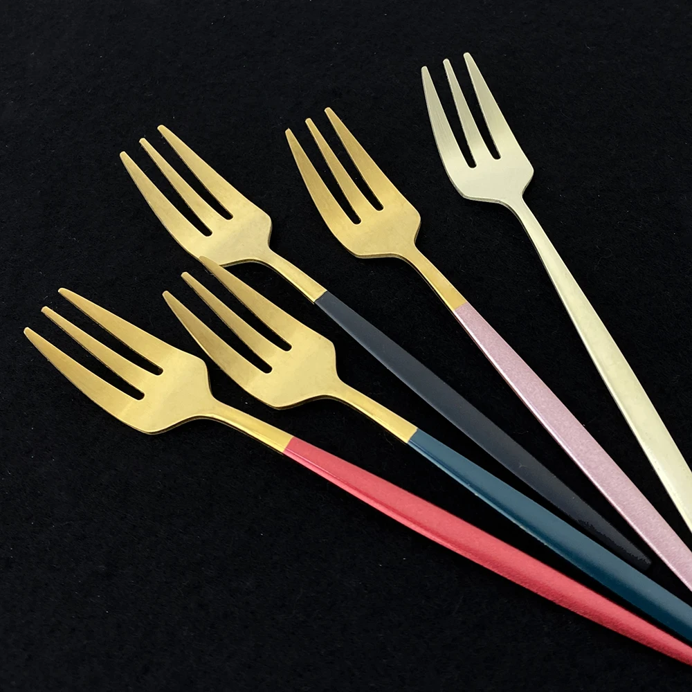 

6Pcs Set Snack Fork 304 Matte Tea Cake Stainless Dinnerware Cutlery Gold Forks Dessert Tableware Steel Fork Fruit Flatware