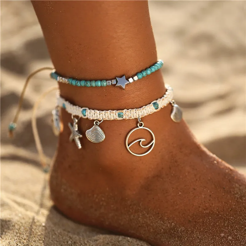 Bohemian Ocean Beach Starfish Turtle Shell Pendant Anklets Multi Layered Beads Ankle Bracelet Foot Jewel | Украшения и аксессуары
