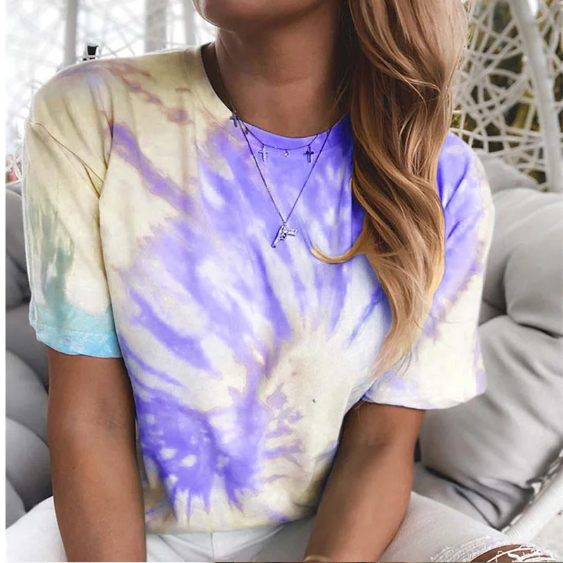 

fashion summer tie-dye T-shirts women 3XL ladies tops Casual O-neck Printing Loose Tops Female Short Sleeve 2020 Wholesale