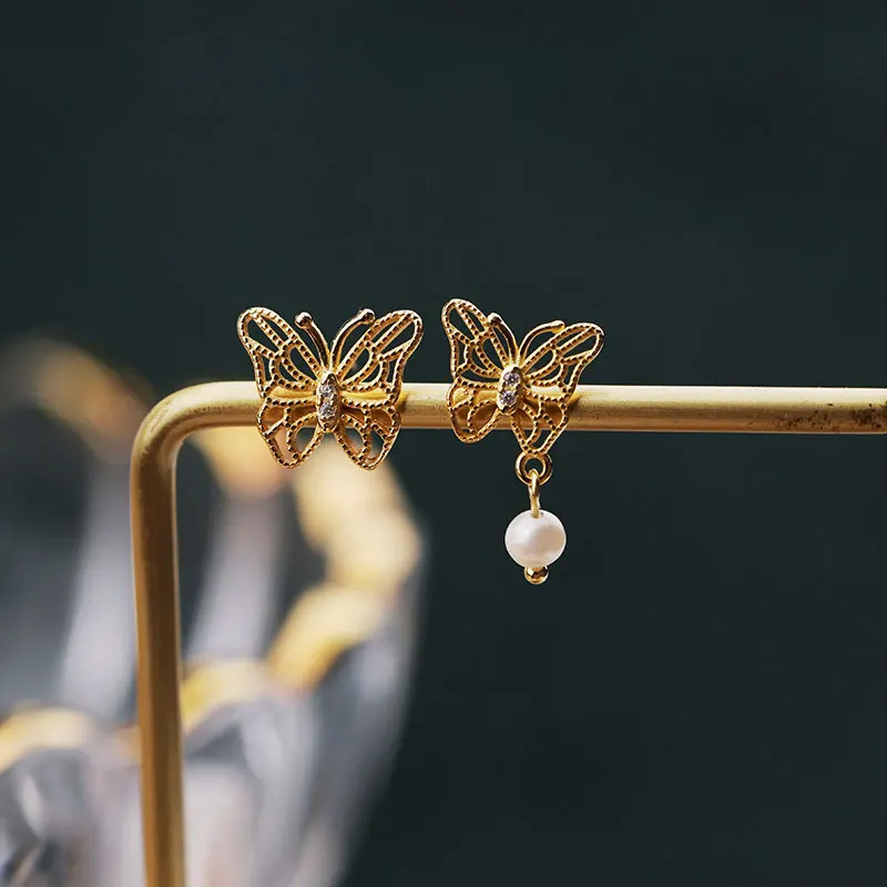 S925 Whole Body Sterling Silver Butterfly Shape Hollow Pearl Pendant Earrings Temperament Personality Simple Style Wild Earrings