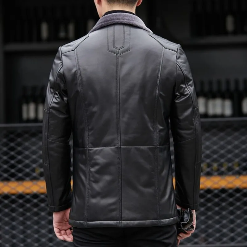 

New Winter Warm Outerwear Fashion Lapel Collar Sheepskin For Mens Genuine Leather Jacket Casual Single Breasted Coat M-4XL