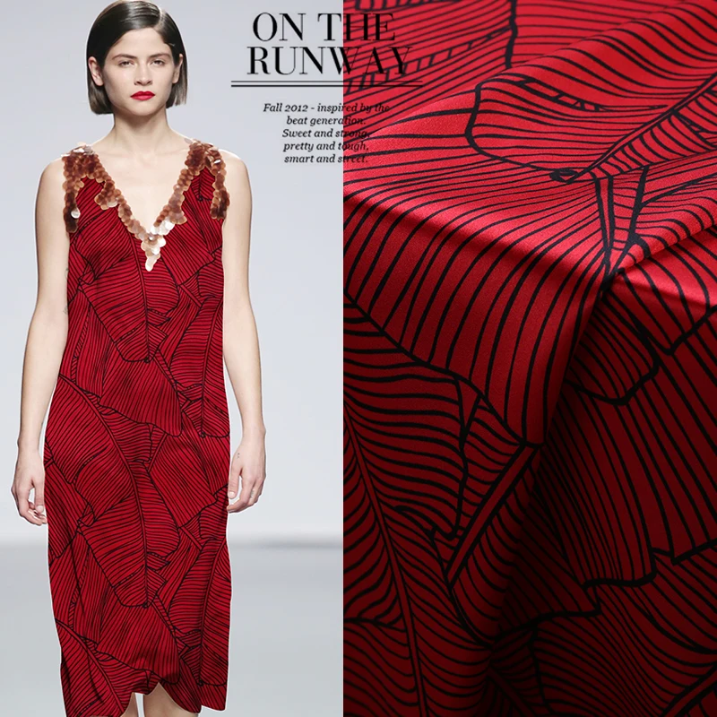 Стрейчевая атласная шелковая ткань с принтом банановых листьев на заказ одежда