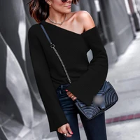 womens fashion sexy round neck solid color off shoulder knitted jumper sweater pullover slim fit trumpet sleeve
