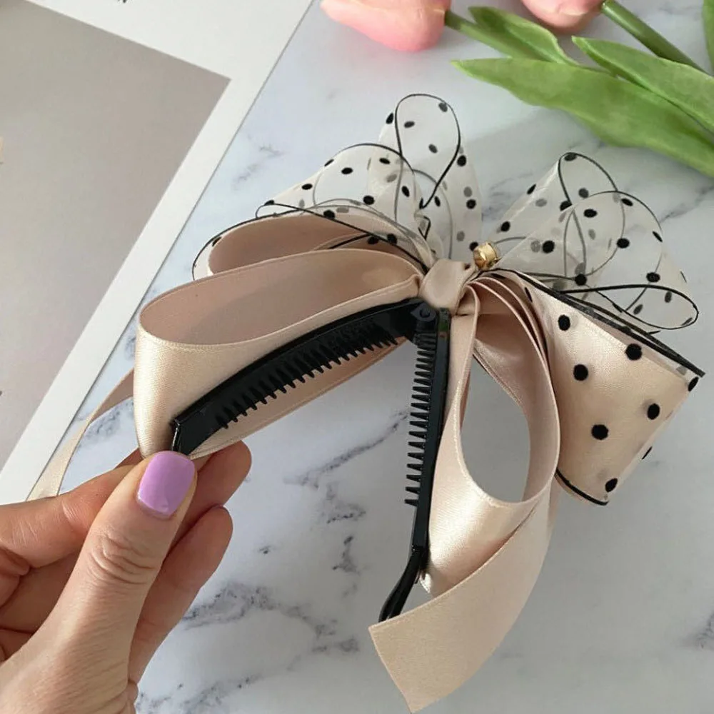 

Women Hairpin Korean Temperament Sweet Purple Ribbon Mesh Lace Fabric Bow Banana Clip Pearl Cloth Hair Accessories