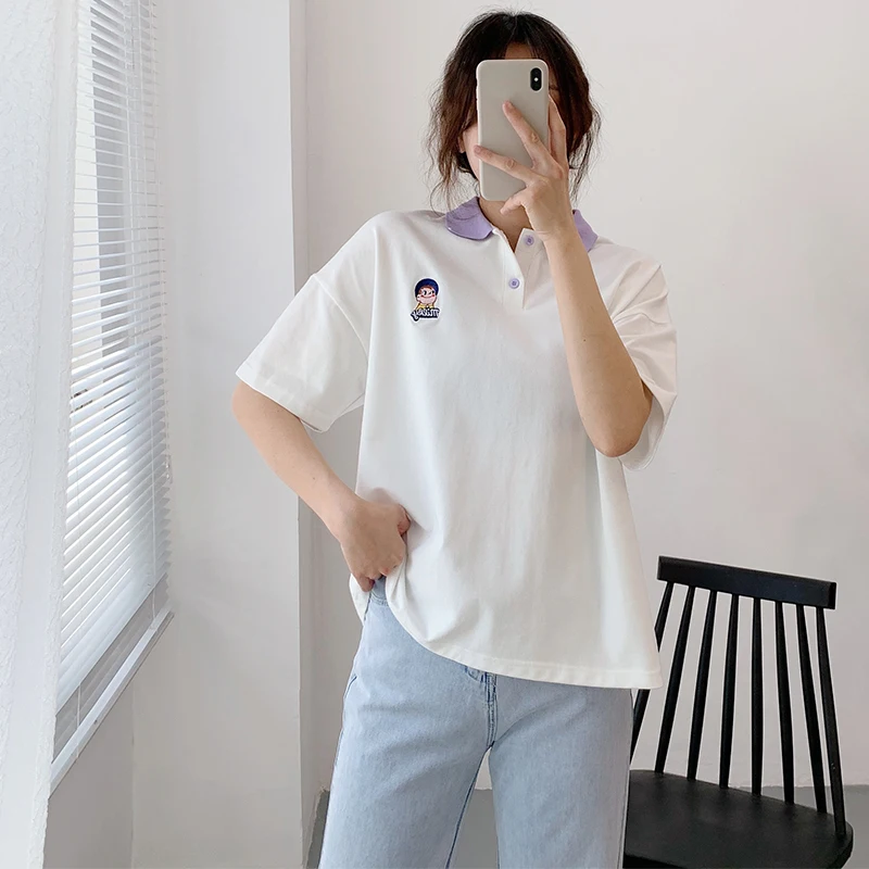 

Cotton Chic Embroider Preppy Style Collar Harajuku Teen Girls Summer T Shirt Women Loose Tee Tops New Korean Fashion Harajuku
