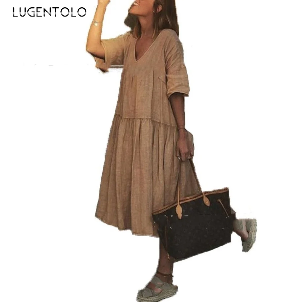 

Lugentolo Plus Size Summer Dress Women Solid Color V-neck Loose Half Sleeve Mid-Calf Length A-Line Womens Dresses