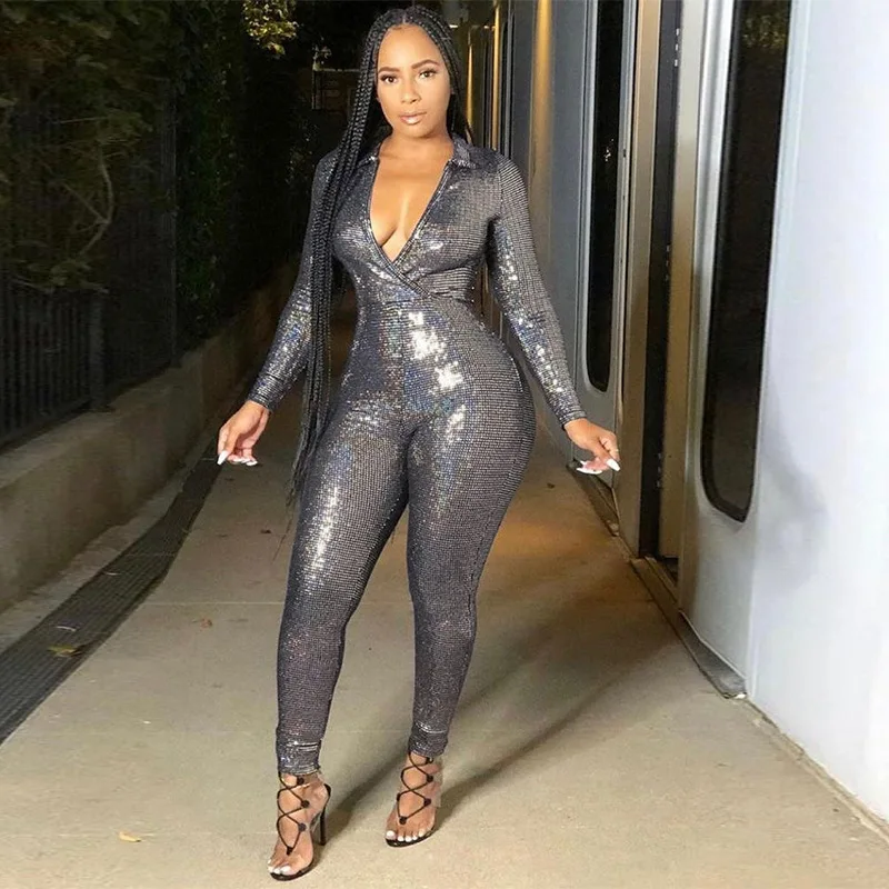 

Sexy Low-Cut Jumpsuit Women Mesh Sheath Body-Shaping Party Style Midnight Long-Sleeved V-Neck Female High Streetwear Autumn 2021
