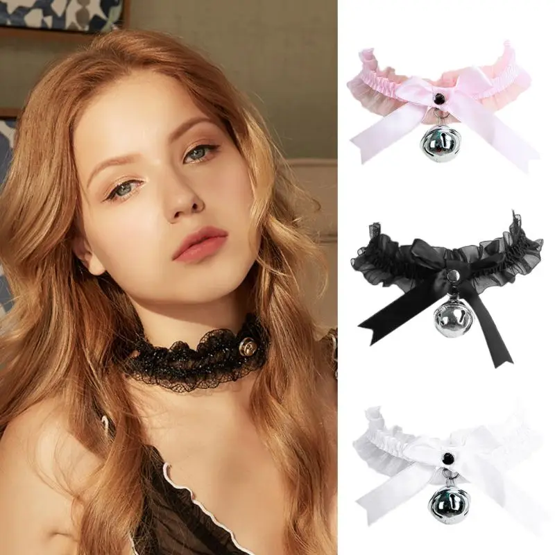 

Женский чокер в стиле Харадзюку, готический чокер с лентой в стиле "Лолита", кольцо с бантом, кружевное ожерелье с колокольчиком