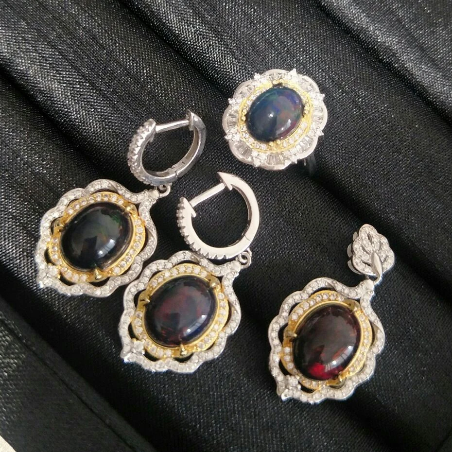 

Серьги и кольцо MeiBaPJ из натурального черного опала, ожерелье и кольцо для женщин, серебро 925 пробы, набор ювелирных украшений для свадьбы