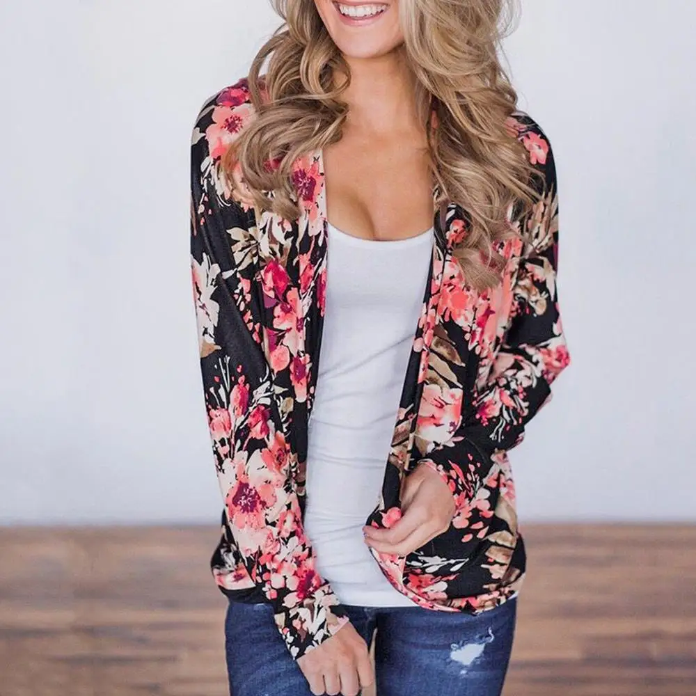 Женская блузка большого размера Кардиган с длинным рукавом и цветочным принтом