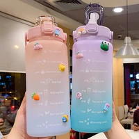 kawaii 2l jumbo water bottle with time marker cute 3d sticker large capacity plastic sport jug portable frosted drink bottles