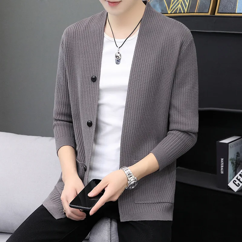 

2021 Men's Autumn Cardigan Solid Color Sweater Teenagers V-neck Casual Outerwear Sweater