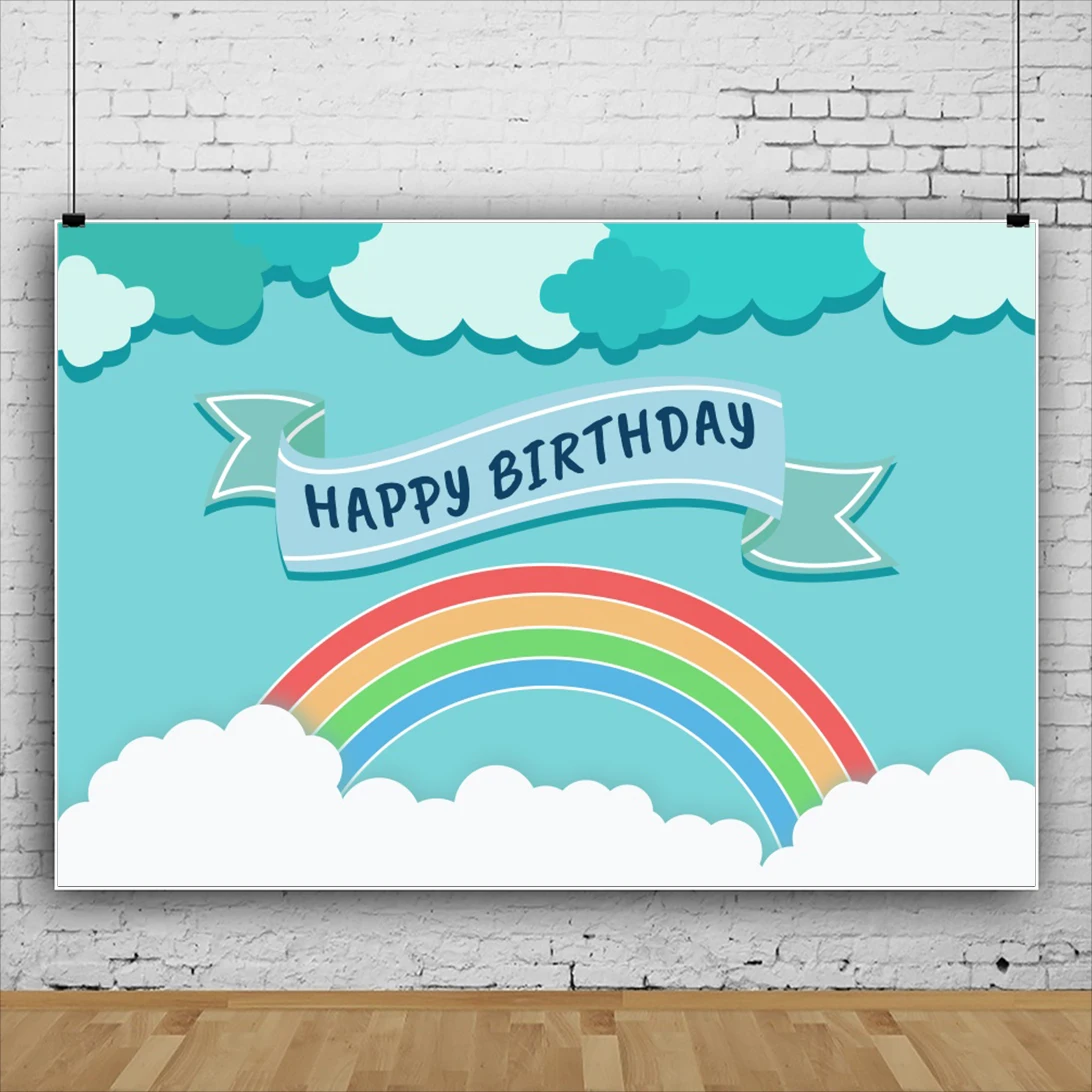 

Laeacco Rainbow White Clouds Kids Happy Birthday Party Decor Backdrop For Photography Customized Banner Baby Portrait Background